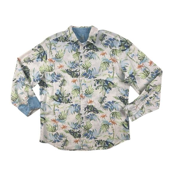 Paradise Collection Linen Cotton Shirt Mens Medium White Tropical Palm Button Up - Picture 1 of 9